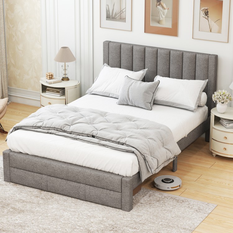 Queen size bed frame in gray with vertical channel headboard and plush upholstery, providing stylish comfort and.