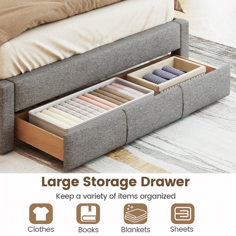 Large storage drawer in gray upholstered queen bed frame, perfect for organizing clothes, books, and blankets.