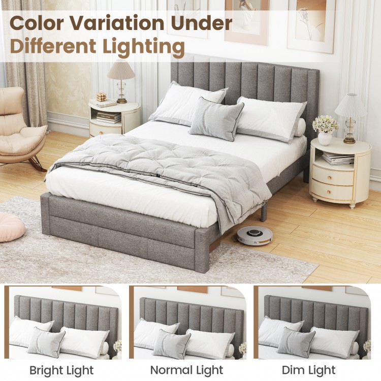Queen size bed frame with gray upholstered vertical channel headboard and storage drawer, shown in different lighting.