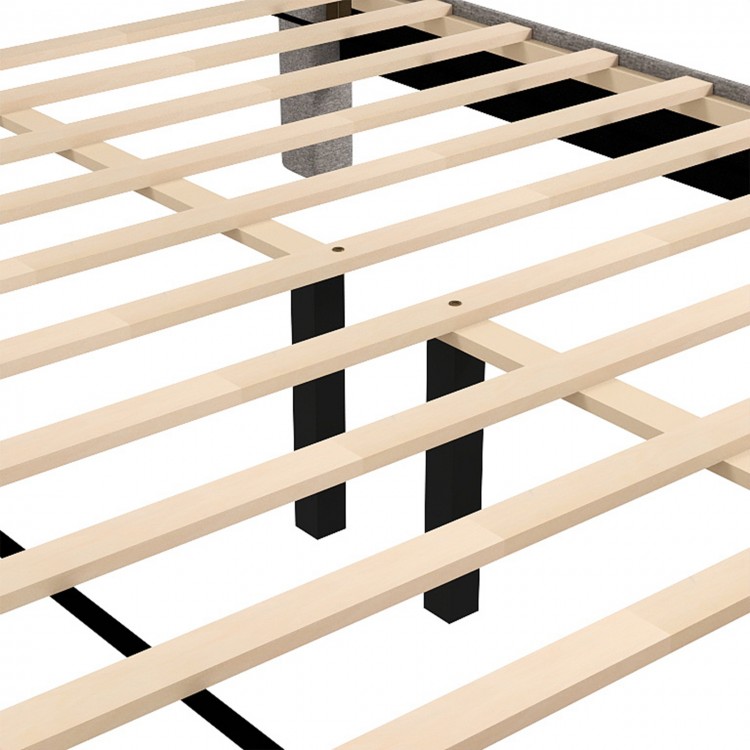 Queen size bed frame slats with middle support legs, featuring storage drawer and vertical channel headboard in gray.