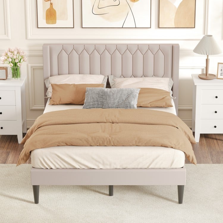 Queen size upholstered platform bed in beige with wingback headboard, featuring Dutch velvet fabric and wooden slat.