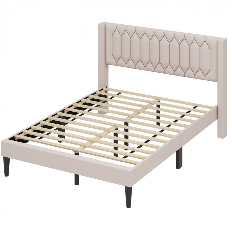 Queen size upholstered platform bed in beige with wingback headboard and wooden slat support for modern elegance.