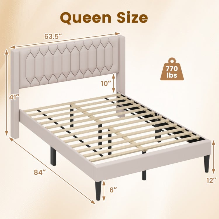 Queen size upholstered platform bed in beige with wingback headboard, wooden slat support, and modern design.
