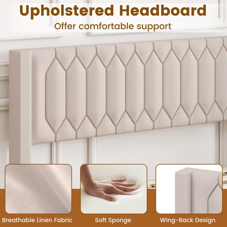 Upholstered wingback headboard in beige linen fabric, offering comfortable support for a queen size platform bed.