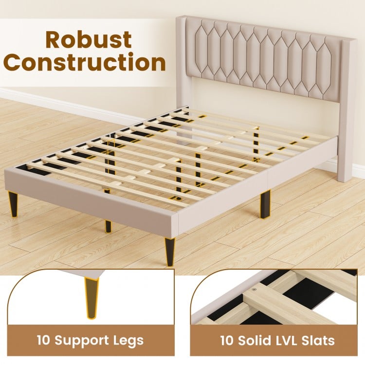Queen size upholstered platform bed in beige with wingback headboard and robust wooden slat support for modern elegance.
