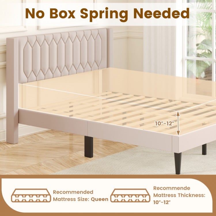 Queen size upholstered platform bed in beige with wingback headboard, no box spring needed, supports 10"-12" mattress.