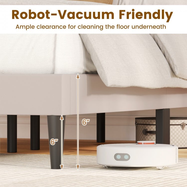Queen size upholstered platform bed with wingback headboard, featuring 6" clearance for easy robot vacuum access.