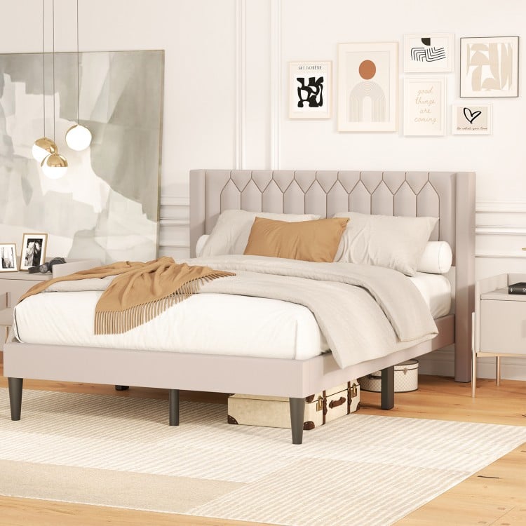 Beige queen size platform bed with wingback headboard, featuring soft Dutch velvet upholstery and robust wooden slat.