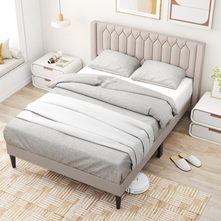 Queen size upholstered platform bed in beige with wingback headboard and wooden slat support for modern bedroom.