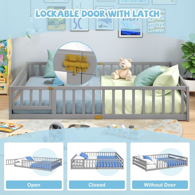 Queen size Montessori bed frame in gray with lockable door, full-length guardrails, ideal for kids' safety and.