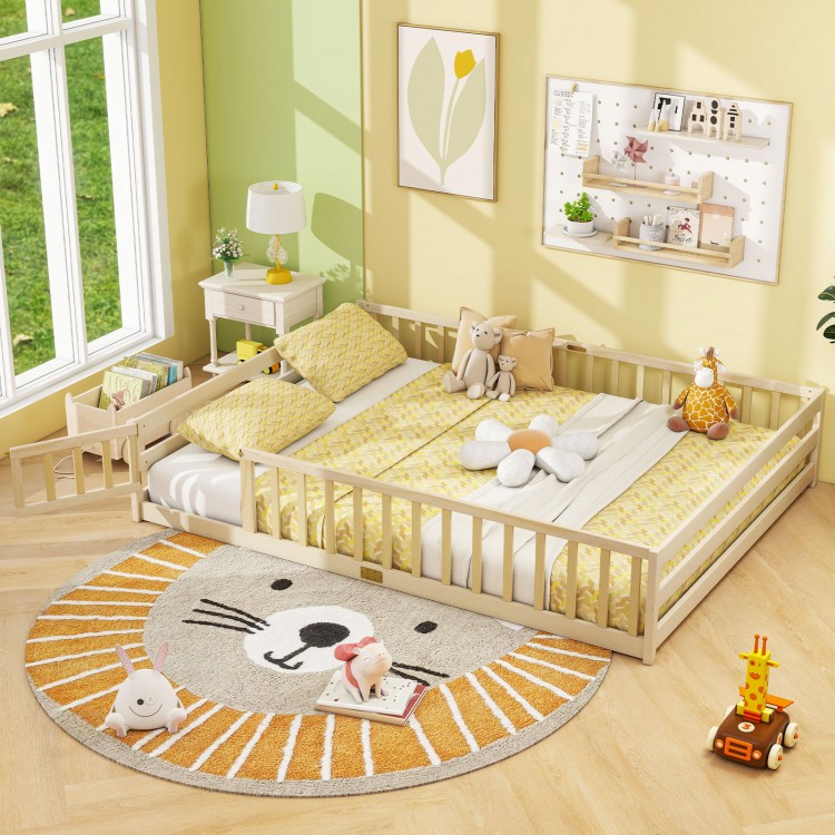 Montessori queen size floor bed frame in natural wood with full-length safety guardrails, perfect for kids' rooms.