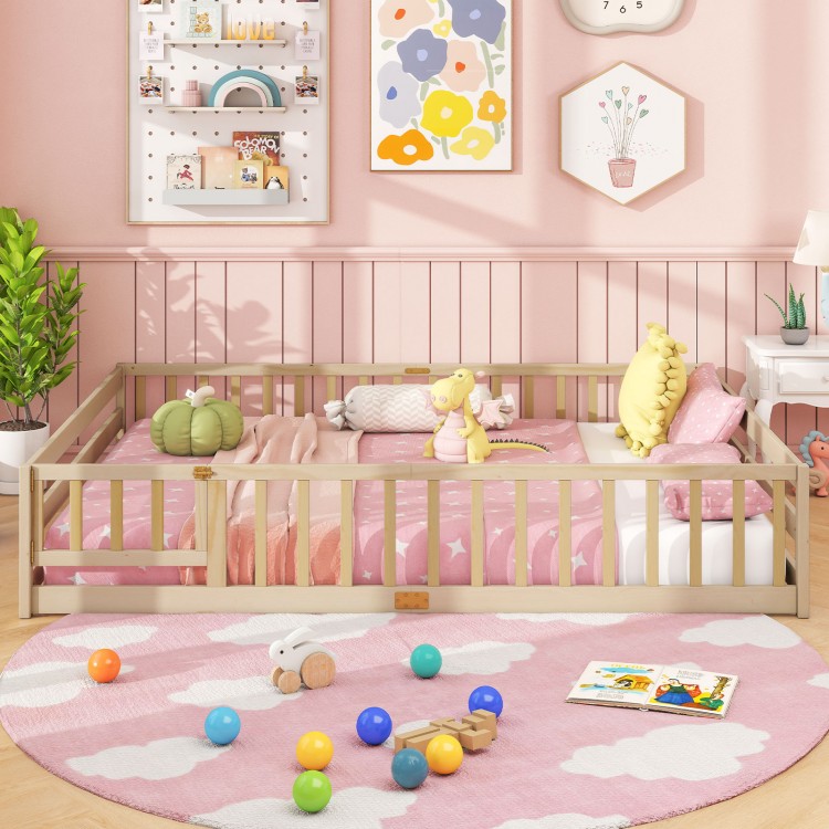 Montessori queen size floor bed frame in natural wood with full-length safety guardrails, ideal for kids' rooms.