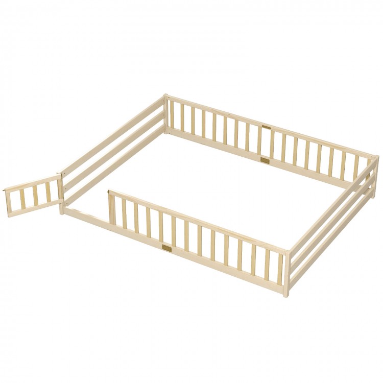 Montessori floor bed frame with full-length safety guardrails in natural wood, designed for kids' sleeping and play.
