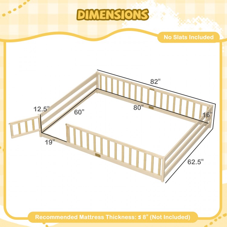 Queen size Montessori bed frame with full-length safety guardrails, solid wood, low-to-ground design for kids' safety.