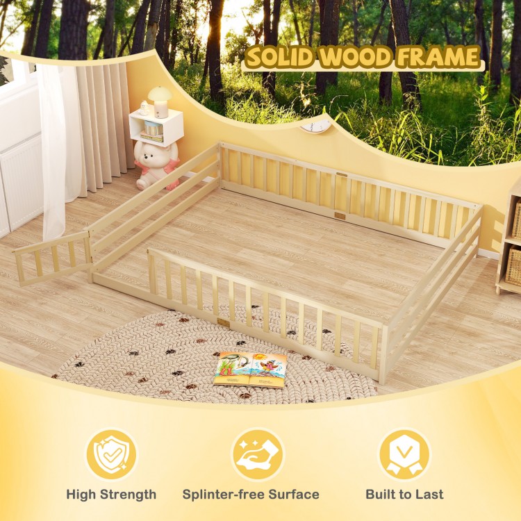 Queen size Montessori floor bed frame in natural wood with full-length safety guardrails for kids' safety and.