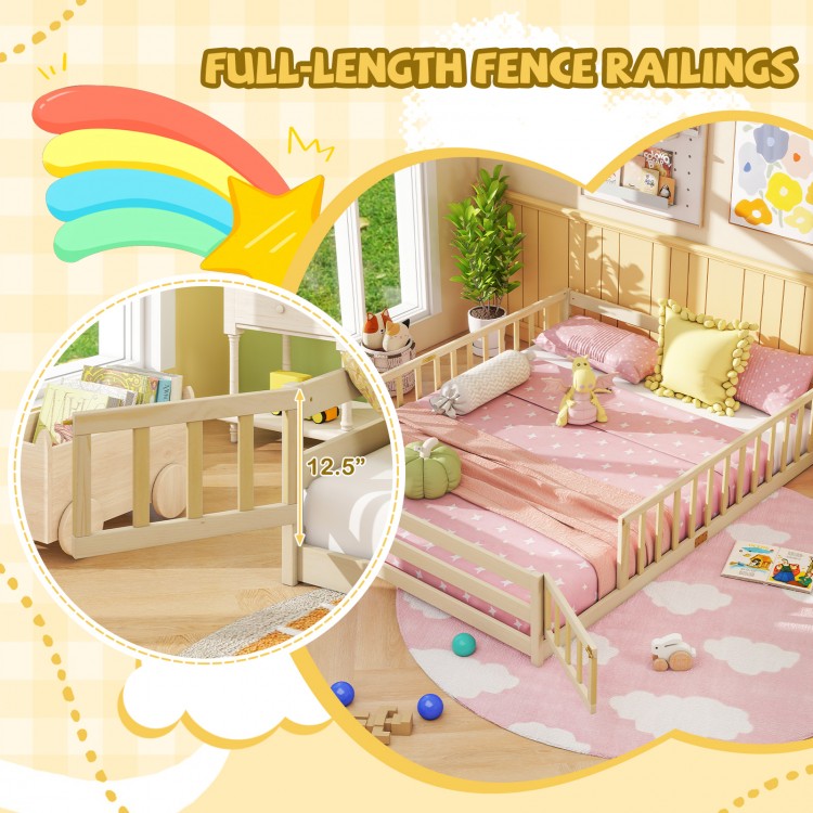 Queen size Montessori bed frame with full-length safety guardrails and lockable door for secure, easy access.