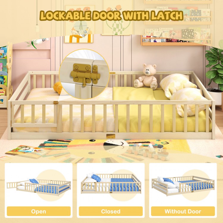 Queen size Montessori floor bed frame with lockable door and full-length safety guardrails for kids' secure sleeping.