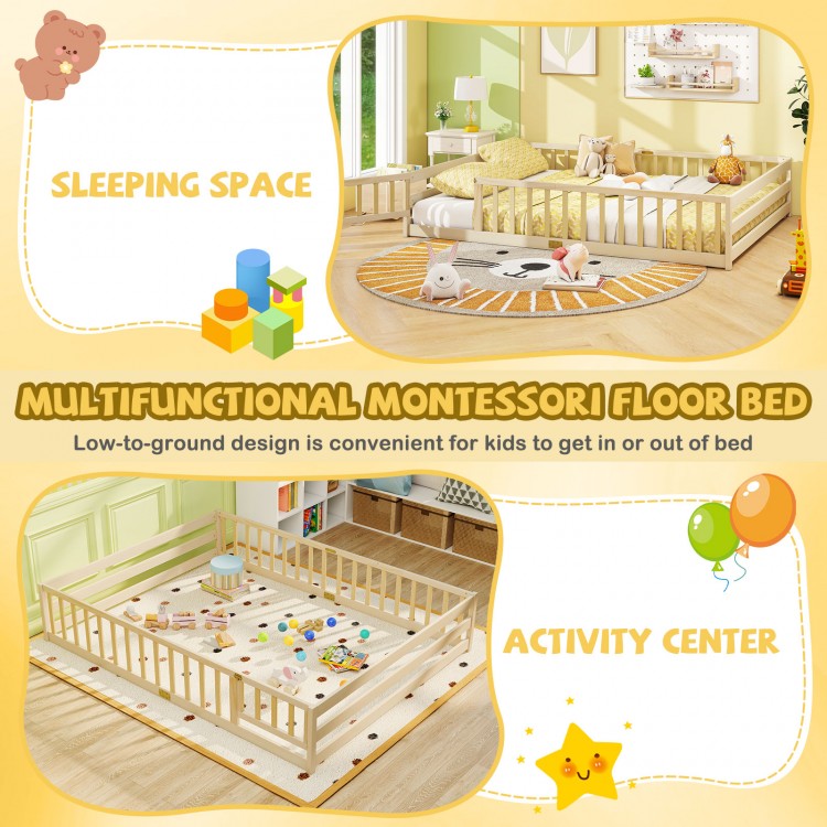 Montessori floor bed with full-length safety guardrails, solid wood frame, ideal for sleeping or as an activity center.