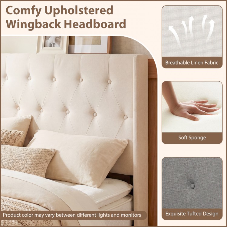 Comfy upholstered wingback headboard in beige with exquisite tufted design, featuring breathable linen fabric for added.
