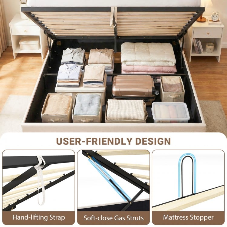 Lift-up storage bed with large under-bed space, soft-close gas struts, and hand-lifting strap for easy access.