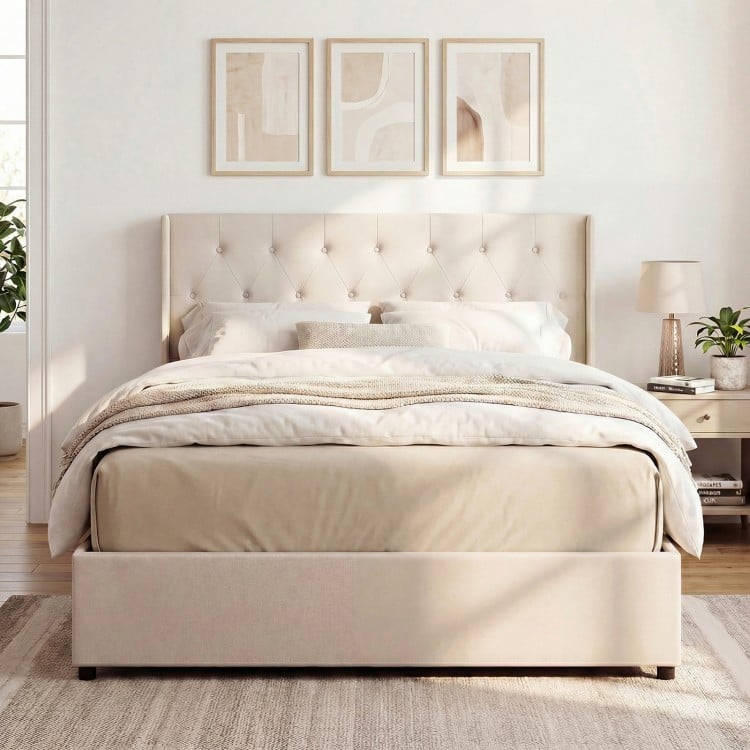 Queen size beige lift-up storage bed with tufted headboard and large under-bed space for convenient storage.