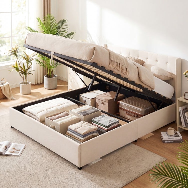 Queen size lift-up storage bed in beige with under-bed storage, tufted headboard, and soft-close gas struts for easy.