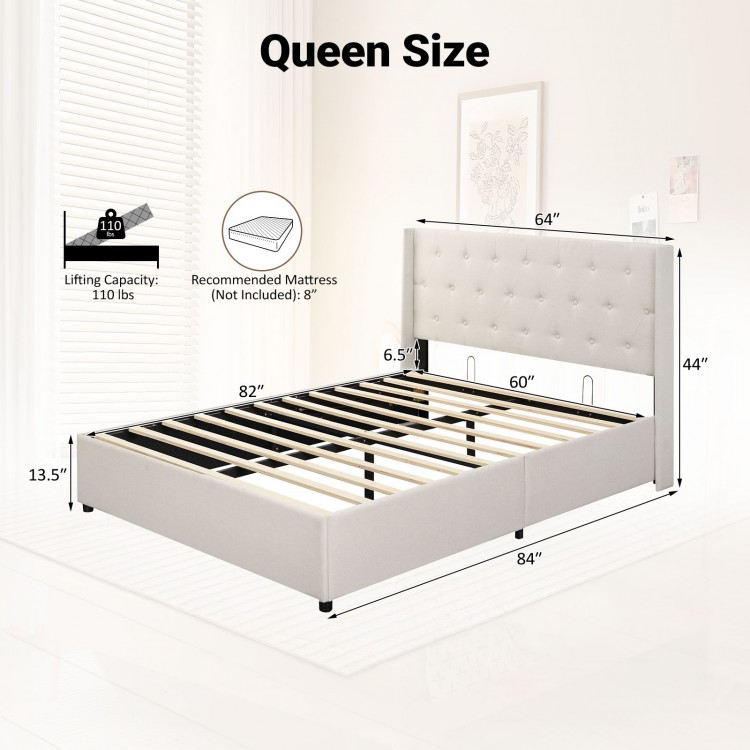 Queen size lift-up storage bed in beige with tufted headboard, featuring under-bed storage and easy assembly.