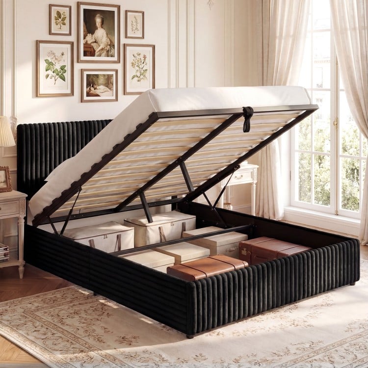 Queen size lift-up storage bed in black corduroy with under-bed storage, upholstered headboard, and wooden slat support.