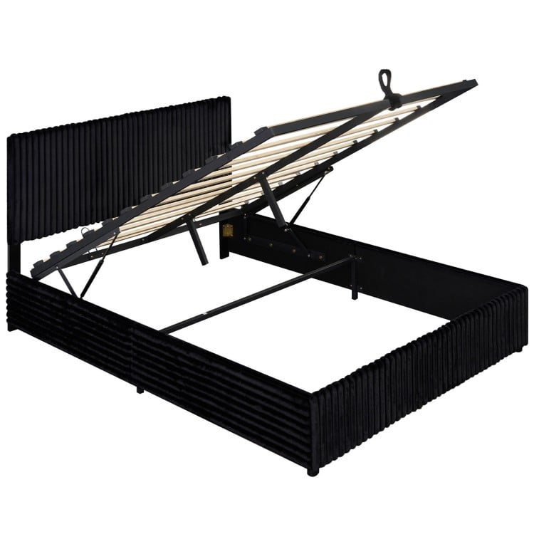 Queen size lift-up storage bed in black with upholstered headboard and large under-bed storage for organization.