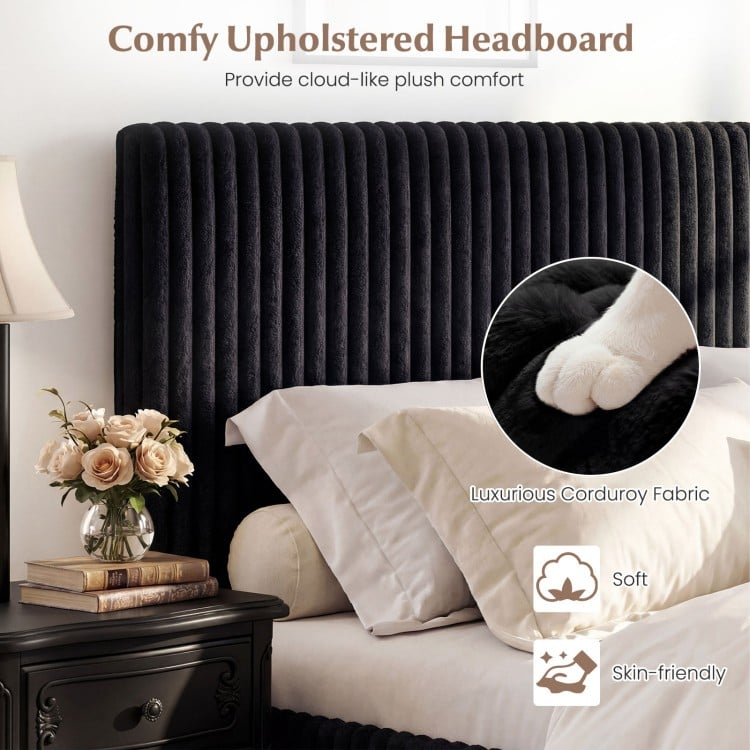 Queen size lift-up storage bed with comfy upholstered headboard in black, featuring luxurious corduroy fabric for plush.