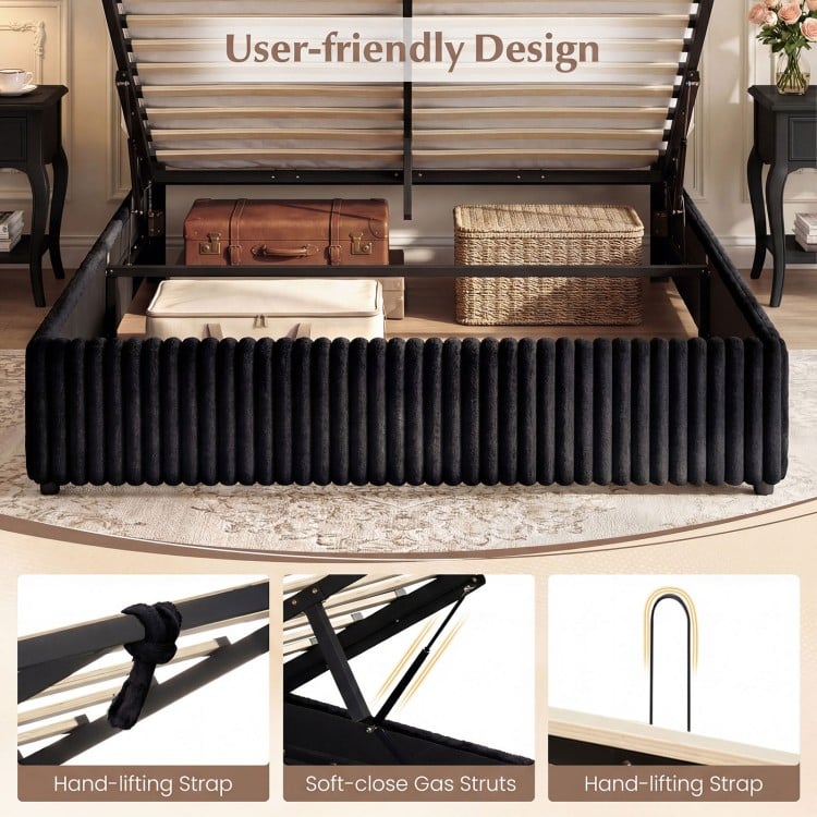 Lift-up storage bed with black corduroy fabric, soft-close gas struts, and hand-lifting strap for easy access to.