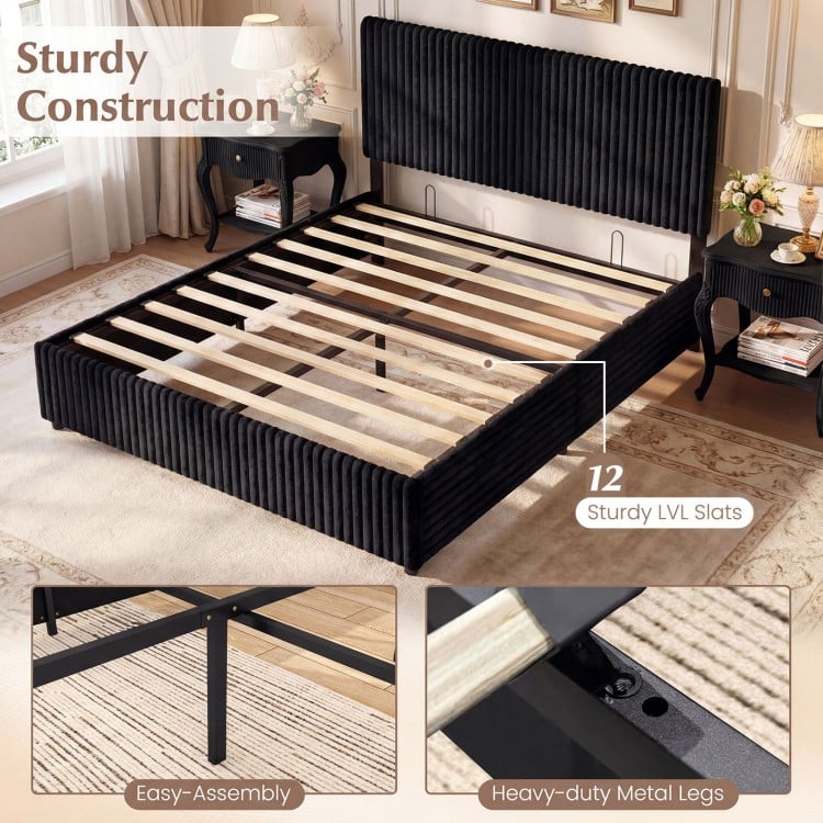 Queen size lift-up storage bed in black with upholstered headboard, featuring 12 LVL slats and heavy-duty metal legs.