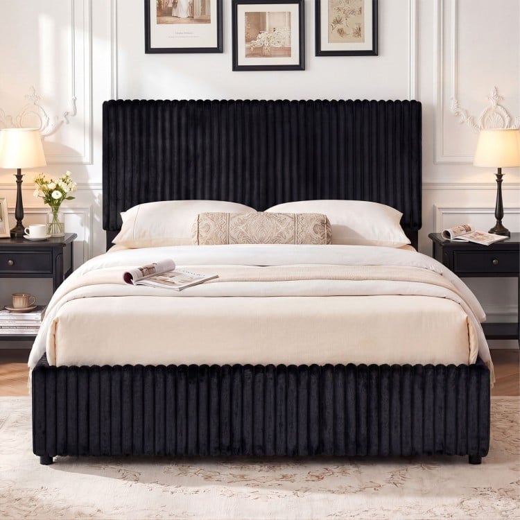 Queen size lift-up storage bed in black with plush corduroy upholstery and large under-bed storage for organization.