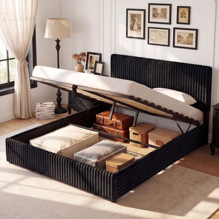 Queen size lift-up storage bed in black corduroy with under-bed storage and plush upholstered headboard for added.