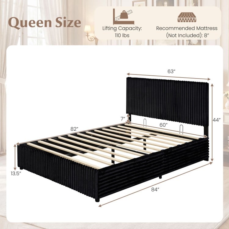 Queen size lift-up storage bed in black with upholstered headboard and wooden slat support, ideal for under-bed storage.