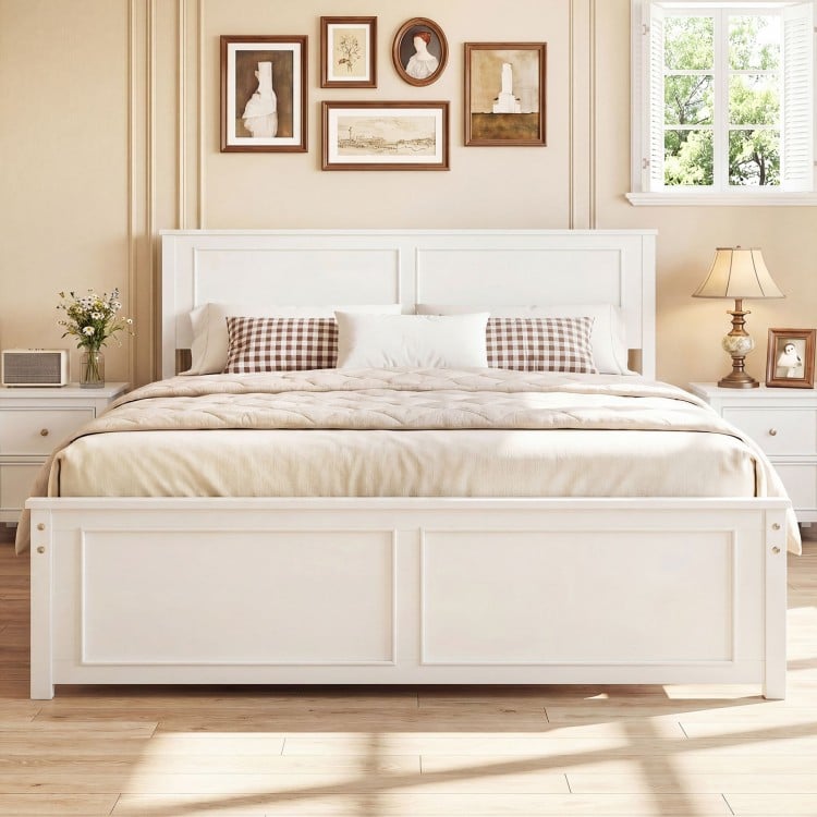 Queen size platform bed frame with headboard in white, featuring underbed storage and a sturdy solid wood structure.