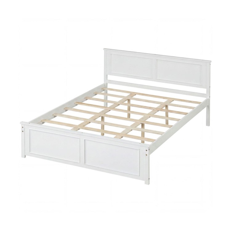 Queen size platform bed frame in white with headboard, featuring sturdy plywood slats and underbed storage space.