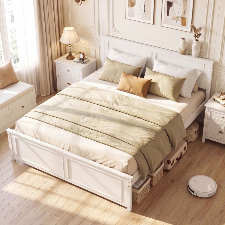 Queen size platform bed frame with headboard, solid wood structure, underbed storage, and a rustic design for elegant.