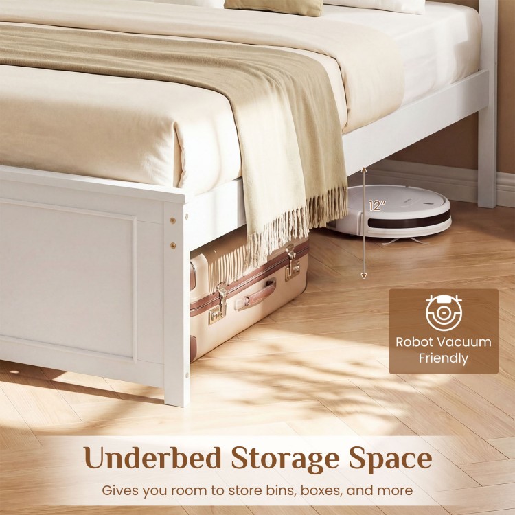Queen size platform bed frame with underbed storage space, featuring a solid wood structure and robot vacuum friendly.