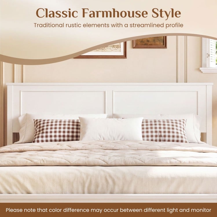 Queen size platform bed frame with headboard, featuring a solid wood structure and rustic design for stylish bedroom.