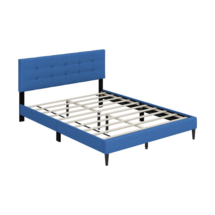 Queen size upholstered platform bed in blue with button tufted headboard, featuring solid wooden slats and under-bed.