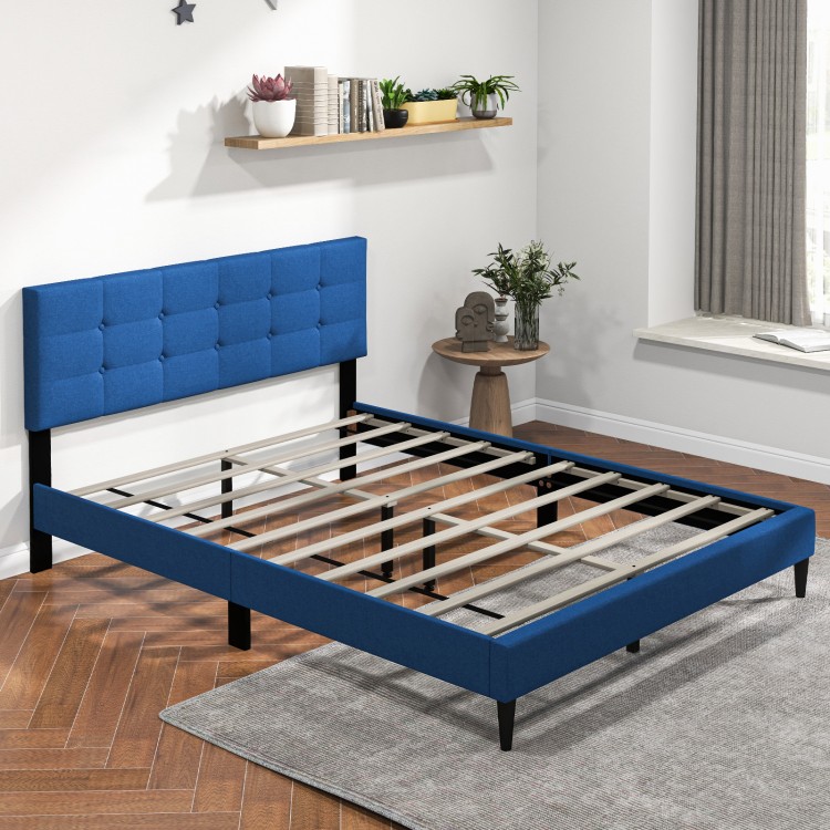 Queen size upholstered platform bed in blue with button tufted headboard, featuring solid wooden slats and modern.