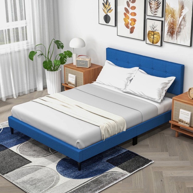 Queen size upholstered platform bed with blue button tufted headboard, showcasing a simple design and high-density.