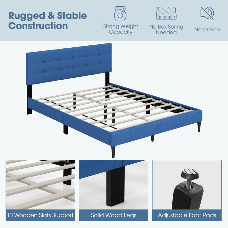 Queen size upholstered platform bed in blue with button tufted headboard, solid wood legs, and adjustable foot pads for.