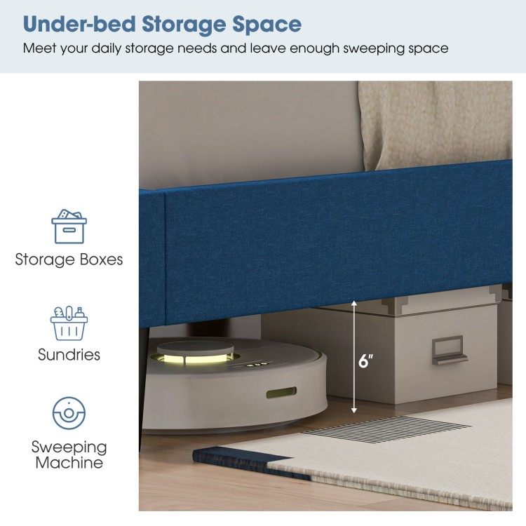 Queen size upholstered platform bed in blue with under-bed storage space and button tufted headboard for modern.