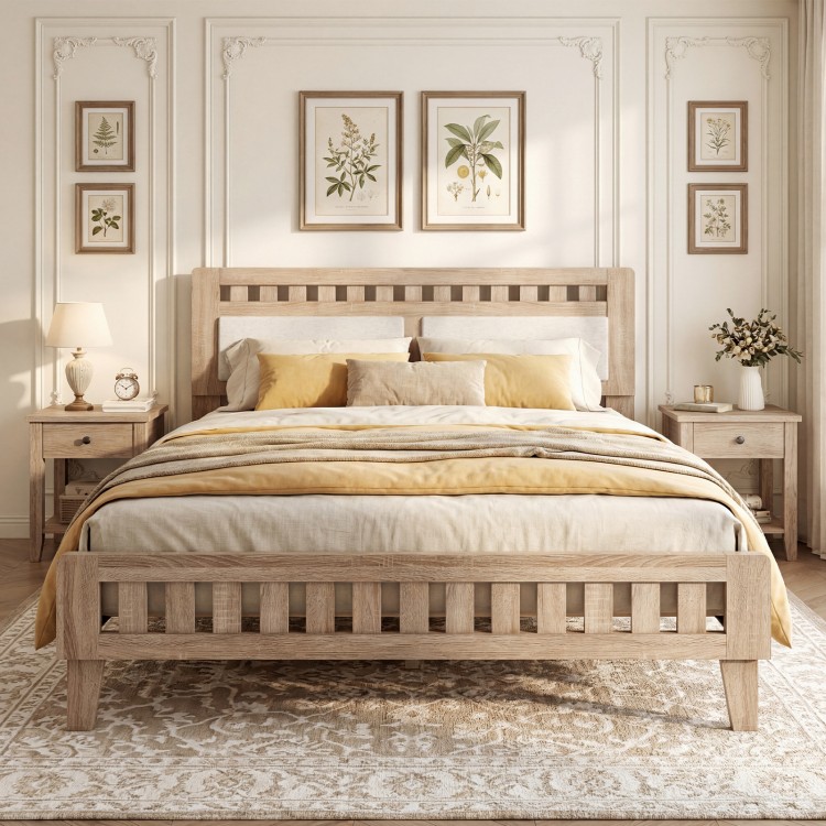 Queen wood bed frame with upholstered headboard in natural finish, featuring a comfy design and robust wooden.