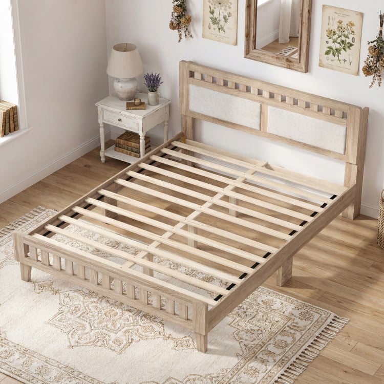 Queen wood bed frame with upholstered headboard in natural finish, featuring sturdy slats and rounded corners for.