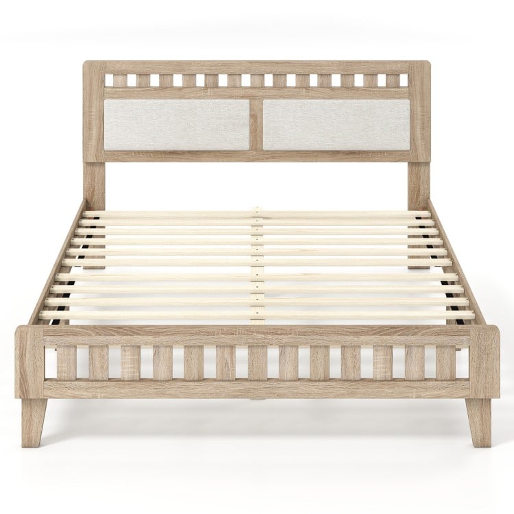 Queen wood bed frame with upholstered headboard in natural finish, showcasing a front view of the sturdy slats and legs.