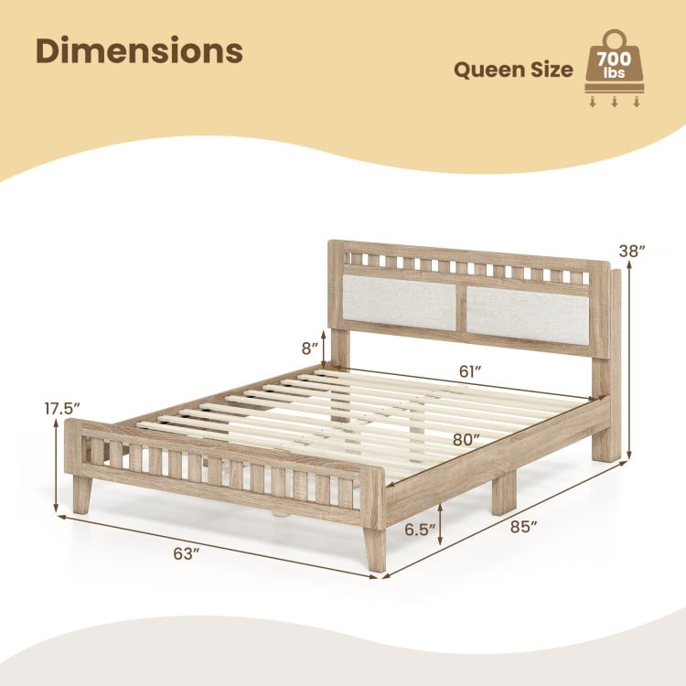 Queen wood bed frame with upholstered headboard, natural finish, dimensions 63"x85", supports 700 lbs, no box spring.