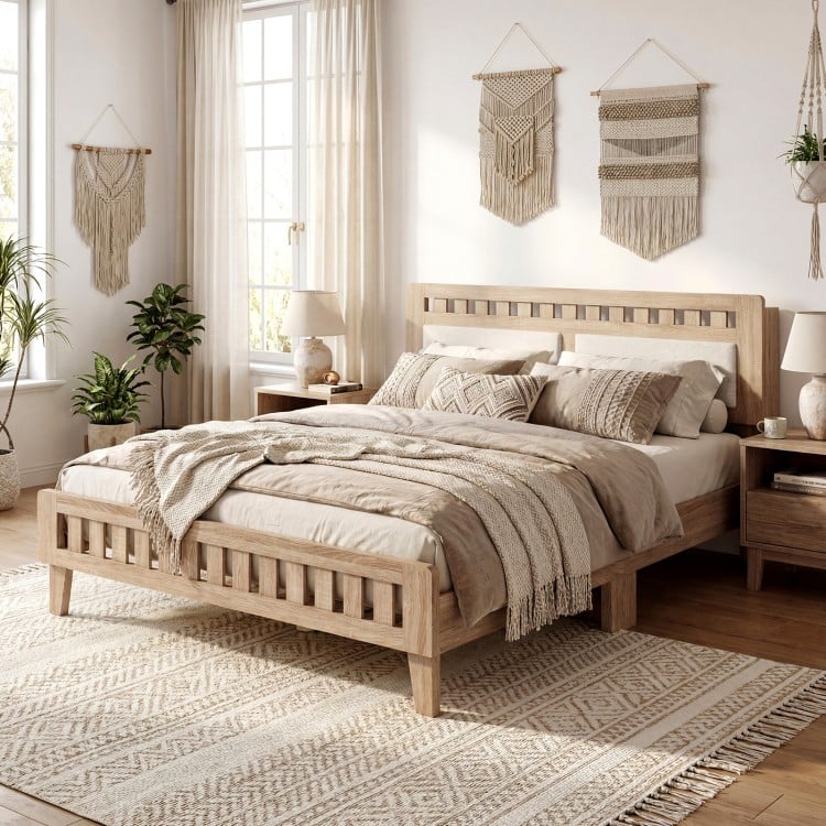 Queen wood bed frame with upholstered headboard in natural finish, showcasing a cozy low-profile design for stylish.